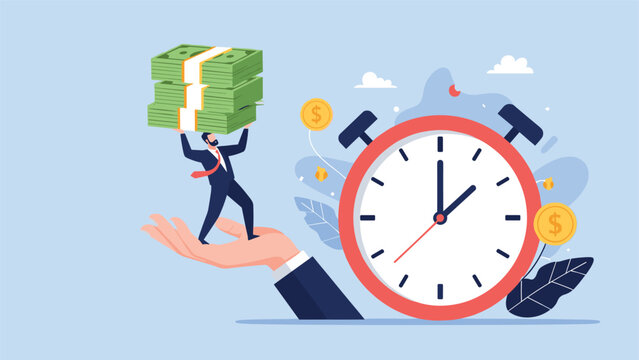 Businessman standing on a large hand holding a stack of money while being timed by a giant red stopwatch for time is money concept.