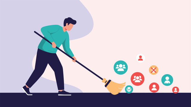 Man using a broom to sweep away various colorful people icons from a dark surface representing social media cleaning and unfollowing.