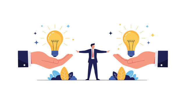 Businessman standing with arms wide open between two large hands holding glowing lightbulbs representing the selection of the best idea.