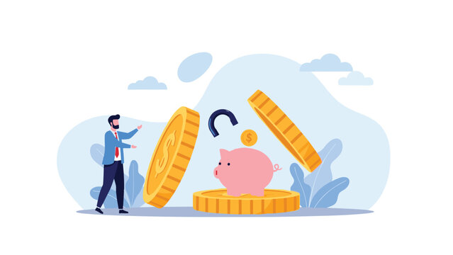 Man watching a pink piggy bank as a gold coin is pulled away by a large blue magnet representing loss of savings and hidden costs.