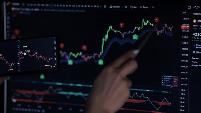 Trader Analyzing Cryptocurrency Market Charts. Financial Analyst Tracking Global Stock Exchange Data. Online Trading And Investment Strategy