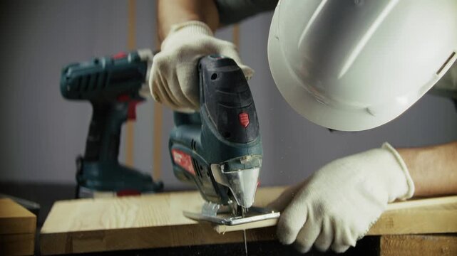 Joiner Working With Power Tool In Workshop. Specialist Processing Wood Material