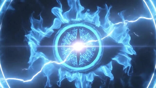 A mystical glowing eye surrounded by concentric rings of blue energy and ethereal flames