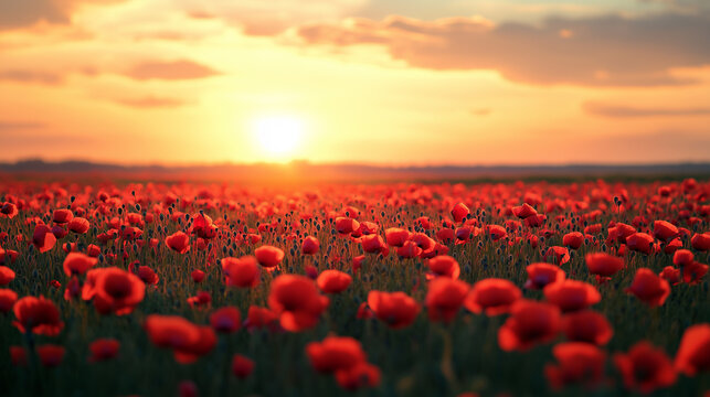 poppy field at sunset. landscape of a poppy field