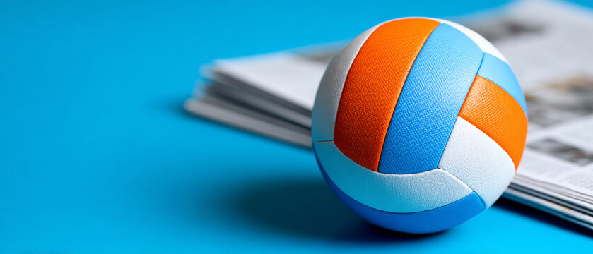 A volleyball ball on vibrant blue, newspaper on background. A visual blend of sports fever and daily news.