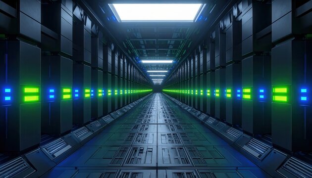 未来的なデータセンターの通路に並ぶサーバーラックと、青や緑に輝くインジケーターライトがサイバーパンクな雰囲気を醸し出す、高度な情報処理とクラウドコンピューティングを象徴するデジタルインフラストラクチャの3Dレンダリング画像。