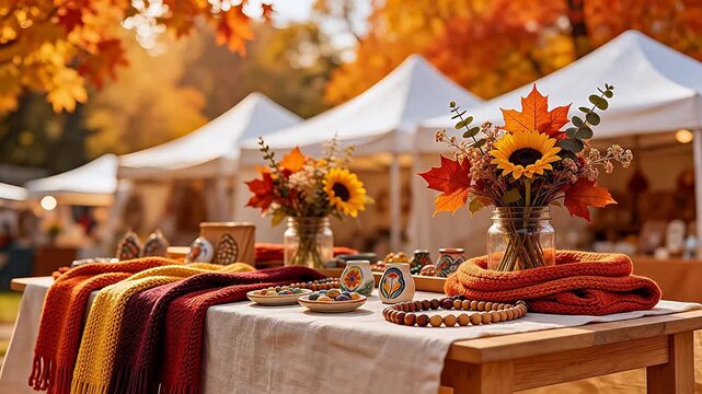 Autumn market stall with cozy knitted scarves, sunflower centerpieces, handmade ceramics, and wooden beads on rustic wooden table under fall foliage &mdash; seasonal lifestyle scene