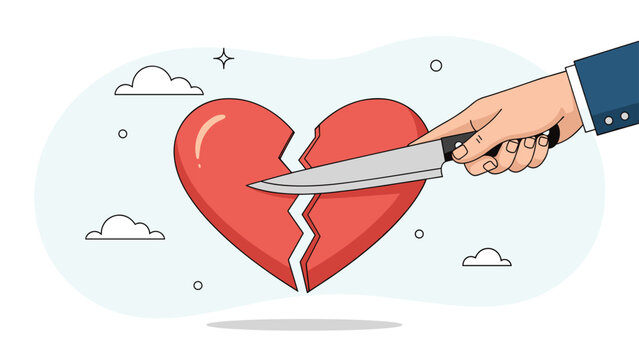 Hand using a kitchen knife to cut a red heart symbol representing heartbreak and emotional pain in interpersonal relationships metaphor.