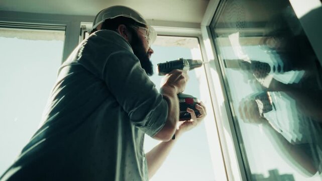 Using Electric Drill To Install Window Frame. Performing Maintenance And Construction Tasks Indoors
