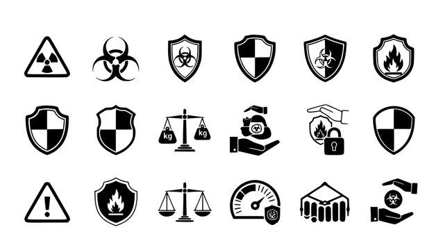A collection of vector icons representing various safety, hazard, and security symbols in a minimalist design style.