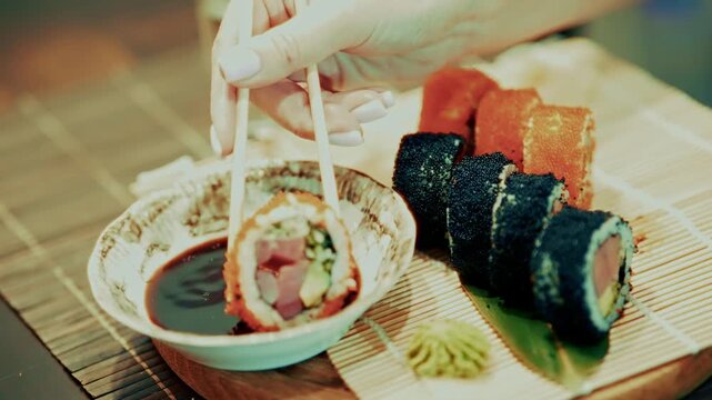 Dipping Sushi Roll Into Soy Sauce With Chopsticks. Japanese Cuisine