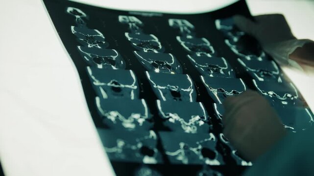 Doctor Examining MRI Scan Of Human Skull.  Analyzing Magnetic Resonance Imaging Result