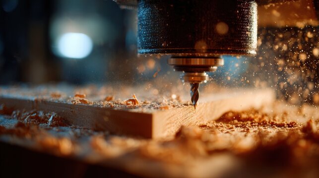 Cnc router carving wood with shavings, highspeed router bit spinning with warm wood chips flying, closeup of cutting action, workshop atmosphere, toolpath accuracy, digital fabrication, prototype