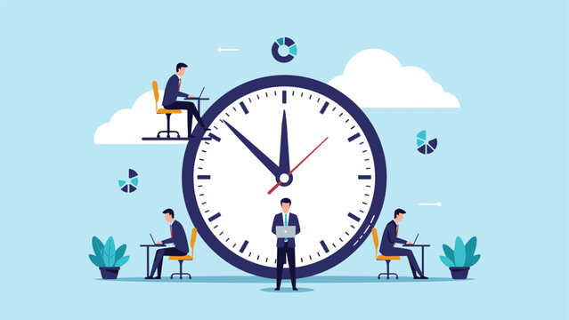 Corporate team of office workers performing various tasks around a giant clock representing time management and deadlines.