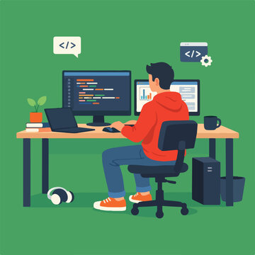 Coding Developer At Work Desk Flat Vector Illustration
