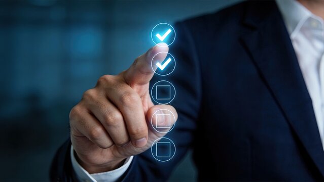 Businessman selecting options on digital interface hand touching glowing checkmarks corporate decision making success approval technology concept modern office background