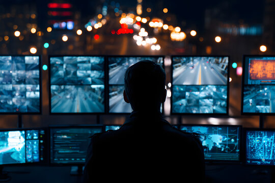 Security operator monitoring city through multiple screens, concept of AI surveillance and smart security technology