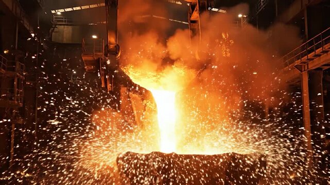 Molten metal is poured from a large industrial ladle into a mold within a factory setting, creating a dramatic display of sparks and glowing material