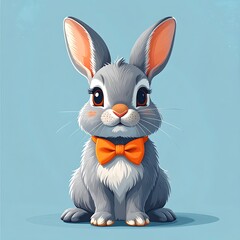 Fototapeta premium A charming, cartoon-style depiction of a gray bunny wearing an orange bowtie against a pastel blue backdrop
