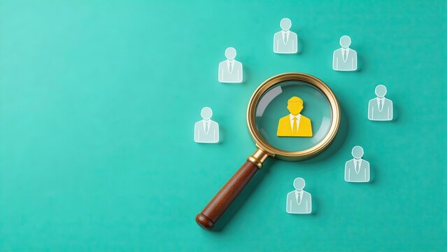 Magnifying glass highlighting one yellow business person among group of white icons on teal background human resources concept recruitment selection talent management finding the