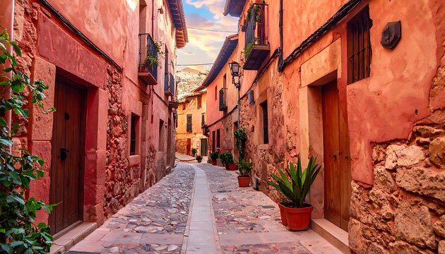 A charming cobbled street in a European town, flanked by buildings with reddish-toned facades, with a clear sky above