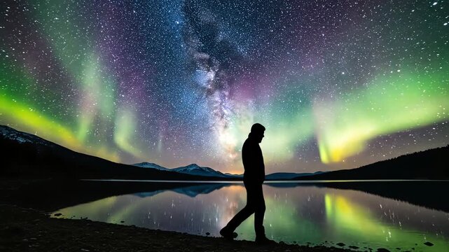 Silhouette of a Man Walking Under Vibrant Aurora Borealis and Milky Way Galaxy