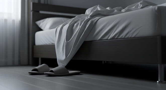 Empty bed with white rumpled sheets and grey slippers on the floor in a minimalist bedroom - a calm and serene morning scene