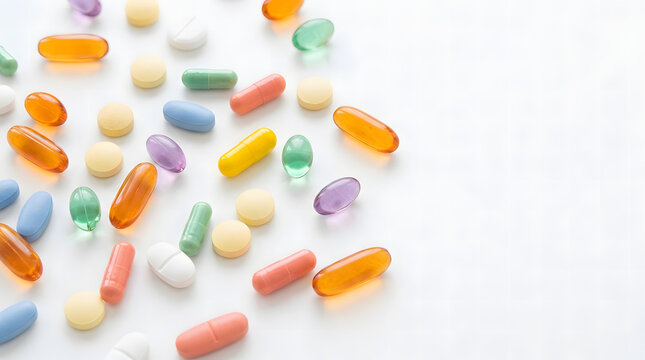 Assorted colorful vitamin capsules and supplement tablets scattered on a clean white background.