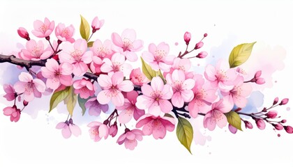 Obraz premium Pink cherry blossom branch green leaves white background vibrant pink cherry blossoms with lush green foliage isolated