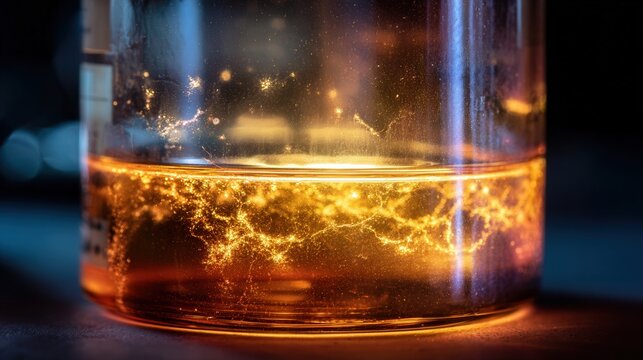 Glass vessel containing golden liquid bubbles chemist observing reaction, viscous fluid reacting under controlled heat, frothy surface, microbubbles rising, illuminated amber glow, laboratory