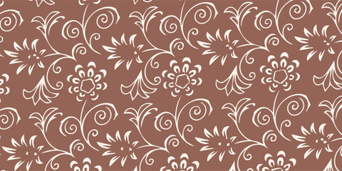 Fototapeta premium Seamless Floral Pattern with Intricate Swirls and Blossoms on a Brown Background.