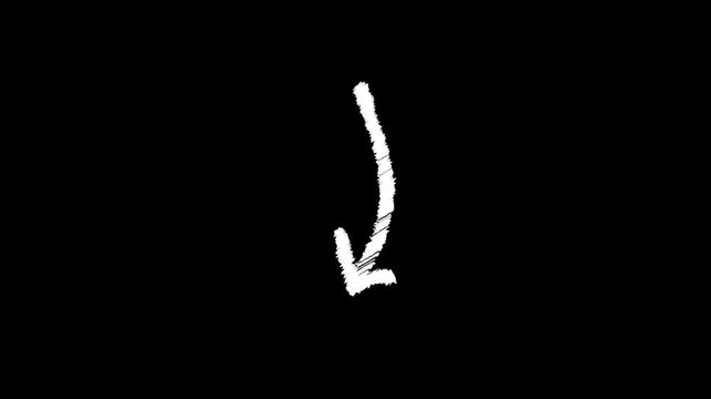 Animated hand drawn white marker arrow icon pointing down on a transparent black background, black and white sketch brush painted  sketch wiggly arrow moving down, 