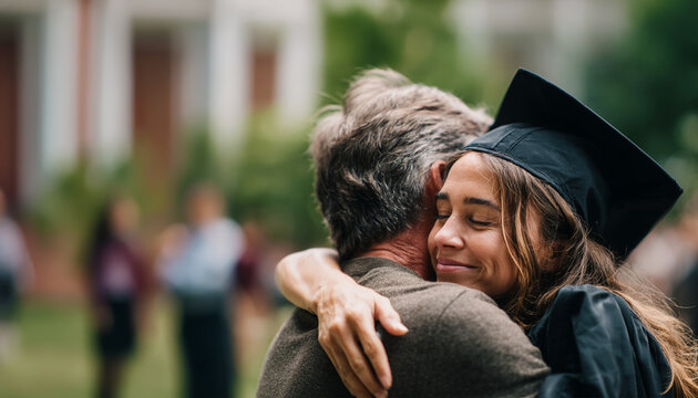 Graduation joyful embrace father daughter. Joyful female child in graduation cap and ceremony robe has fun with father hugs with dad congratulates prodigy daughter on graduating from elementary school