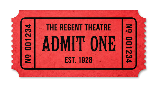 A vintage red admit one movie ticket stub isolated on a white background with textured paper surface and black typography for theater events