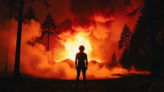Silhouette of a Person Standing Before a Massive Forest Fire