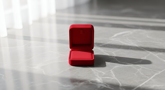 Empty red jewelry box open on elegant marble surface with natural light and shadows