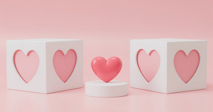 Three white blocks with heart cutouts and a pink heart