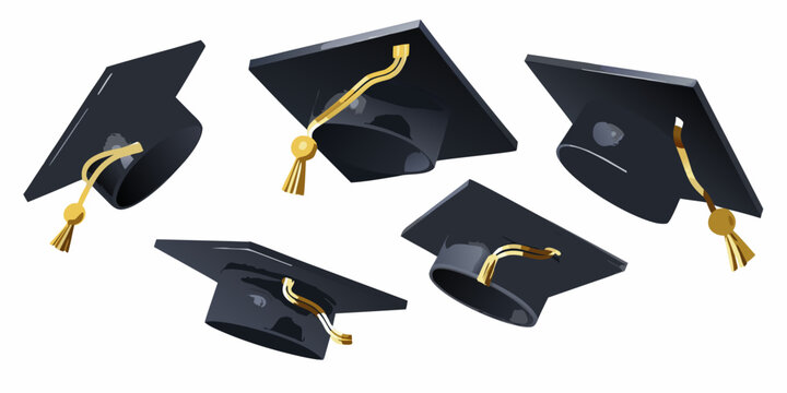 Four black graduation caps with gold tassels floating in a white space