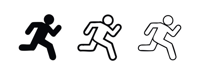 Running man icon set. Simple runner symbol in various styles: filled, bold outline, and thin outline. © liubomir118809