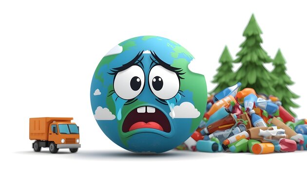 A cartoon globe with a sad face surrounded by trash and a garbage truck