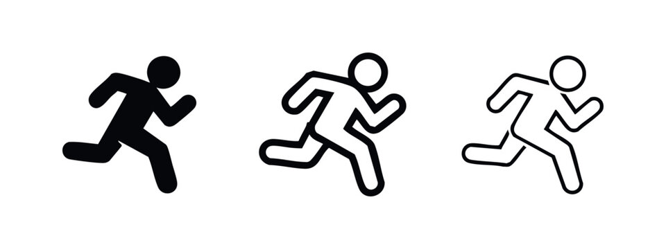 Running man icon set. Simple runner symbol in various styles: filled, bold outline, and thin outline.