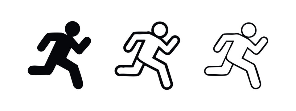 Running man icon set. Simple runner symbol in various styles: filled, bold outline, and thin outline.
