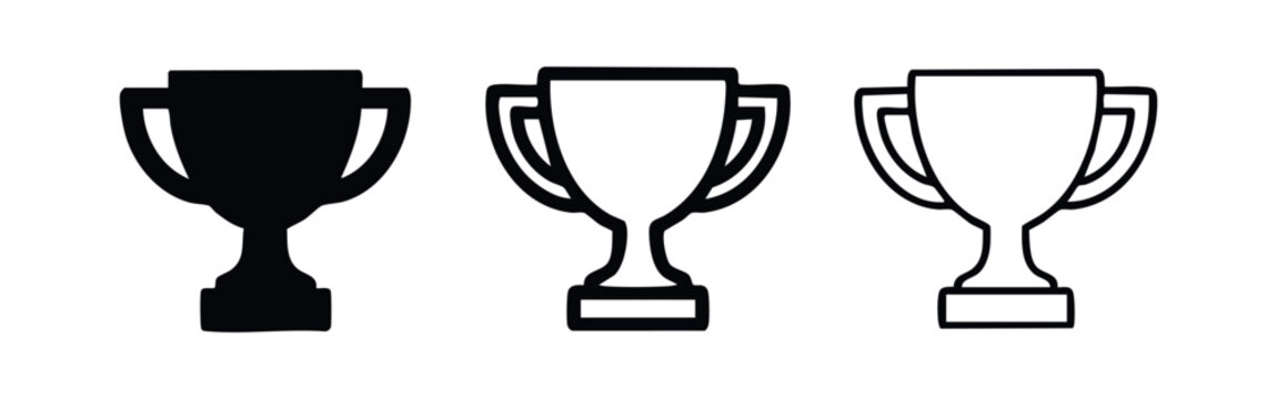 Trophy cup icon set. Simple reward and achievement symbols in filled, bold outline, and thin outline styles.