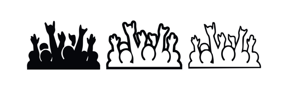 Rock and roll hands icon set. Crowd raising hands with devil horns gesture in different styles.
