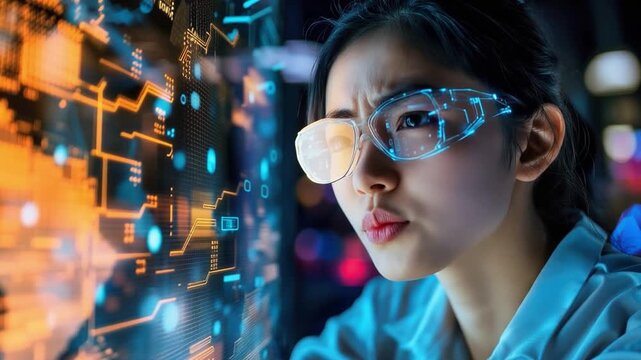 Tech Visionary at Work: A focused female tech expert, donning advanced eyewear, immerses herself in a high-tech environment of glowing circuits and data streams, symbolizing innovation.