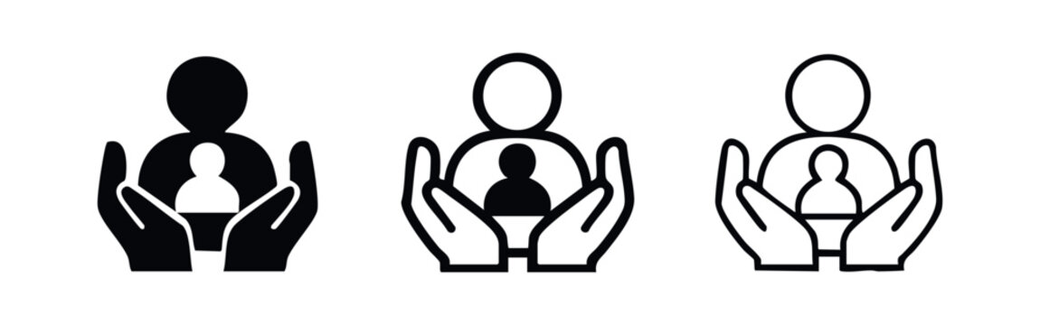 Customer care, user support, or client protection icon set depicting hands nurturing a user.