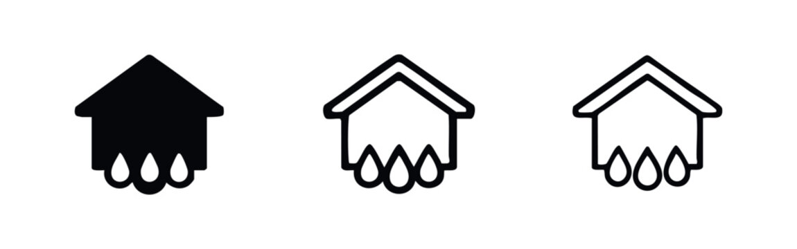 House with Water Leak Icon Set. Home water damage symbol, leaky roof property sign in solid, bold outline, and thin outline styles.