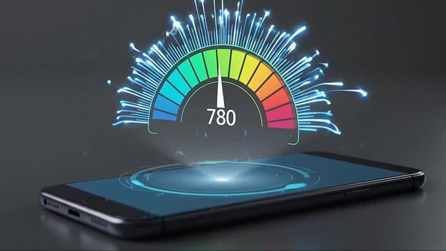 Smartphone with glowing speedometer on screen showing high performance