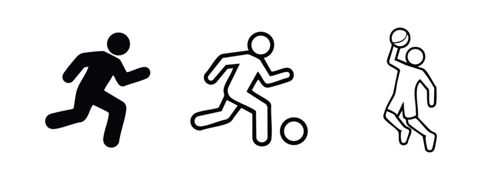 Action sports vector icon set. Running, soccer, and basketball symbols for athletic activities.