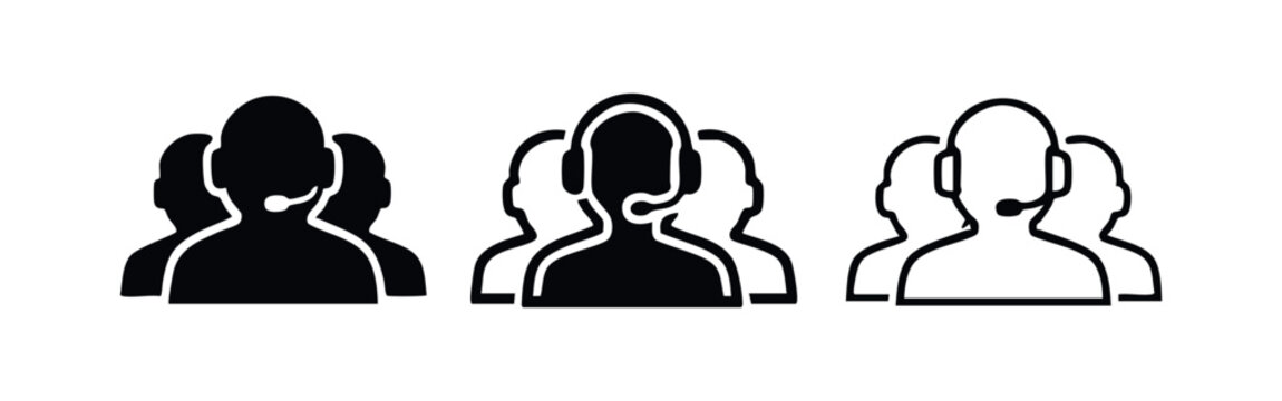 Customer Service Team with Headsets Icon Set. Call Center Support and Communication Symbol Collection.